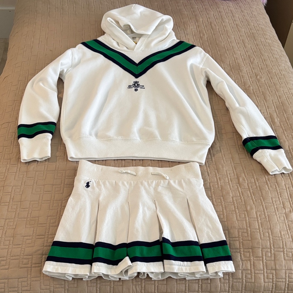 Ralph Lauren White Hoodie & Pleated Skirt Set with Green and Navy Trim